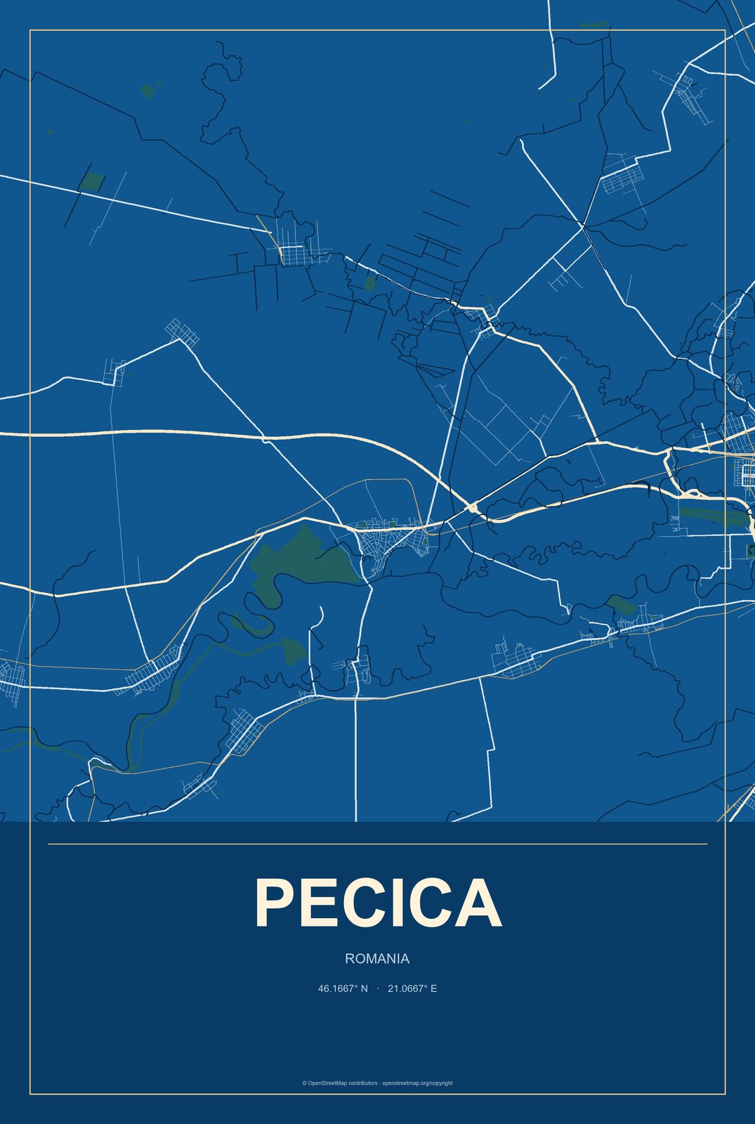 Pecica, Romania City Map Aluminum Sign in Harbor Cobalt style