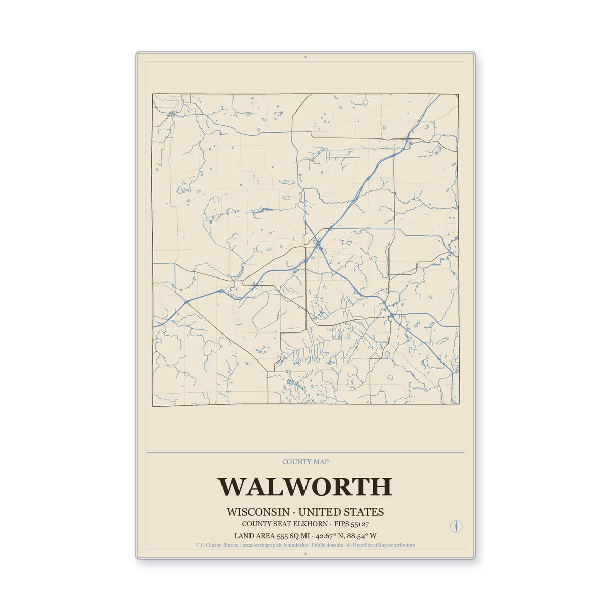 Walworth County, Wisconsin Map Aluminum Sign in Heritage Nautical style