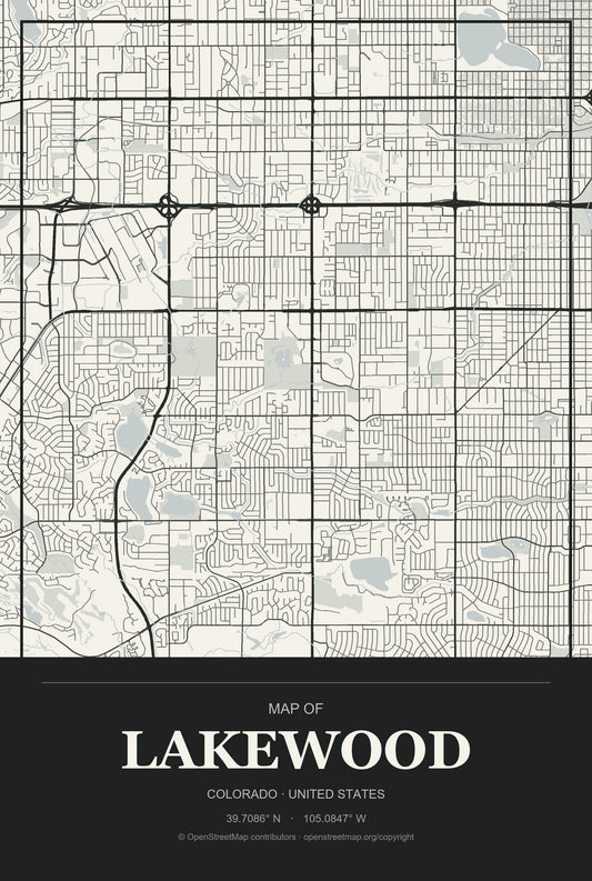 Lakewood, Colorado City Map Aluminum Sign in Museum Plaque style