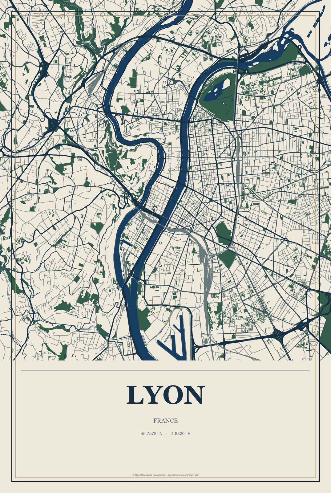 Lyon, France City Map Aluminum Sign in Coastal Cutout style