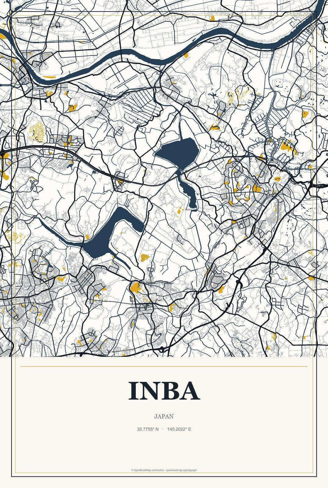 Inba, Japan City Map Aluminum Sign in Citrine Modern style