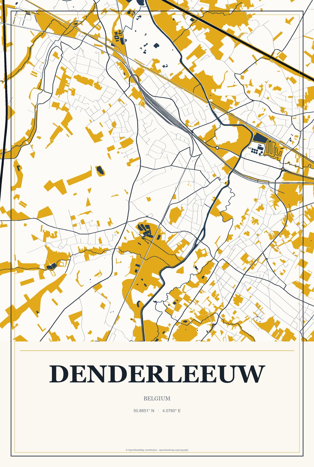 Denderleeuw, Belgium City Map Aluminum Sign in Citrine Modern style