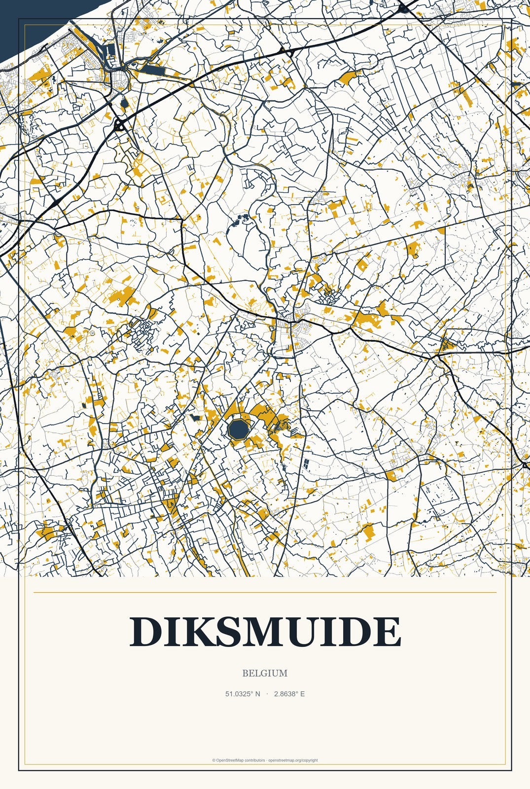 Diksmuide, Belgium City Map Aluminum Sign in Citrine Modern style