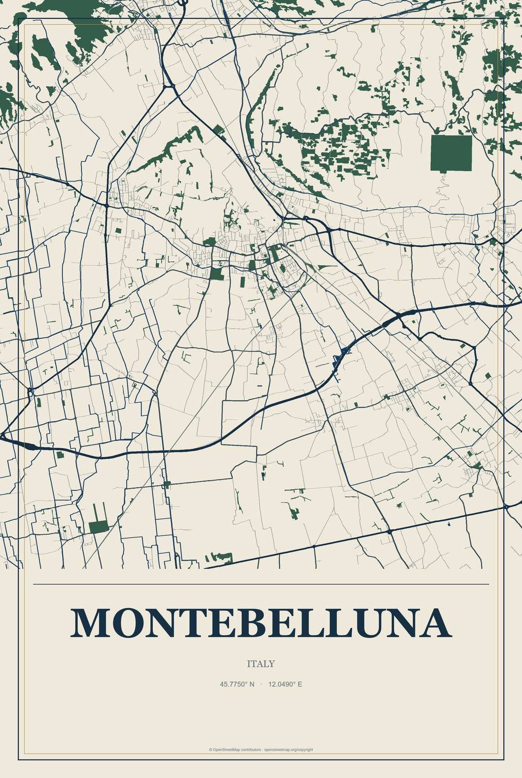 Montebelluna, Italy City Map Aluminum Sign in Coastal Cutout style
