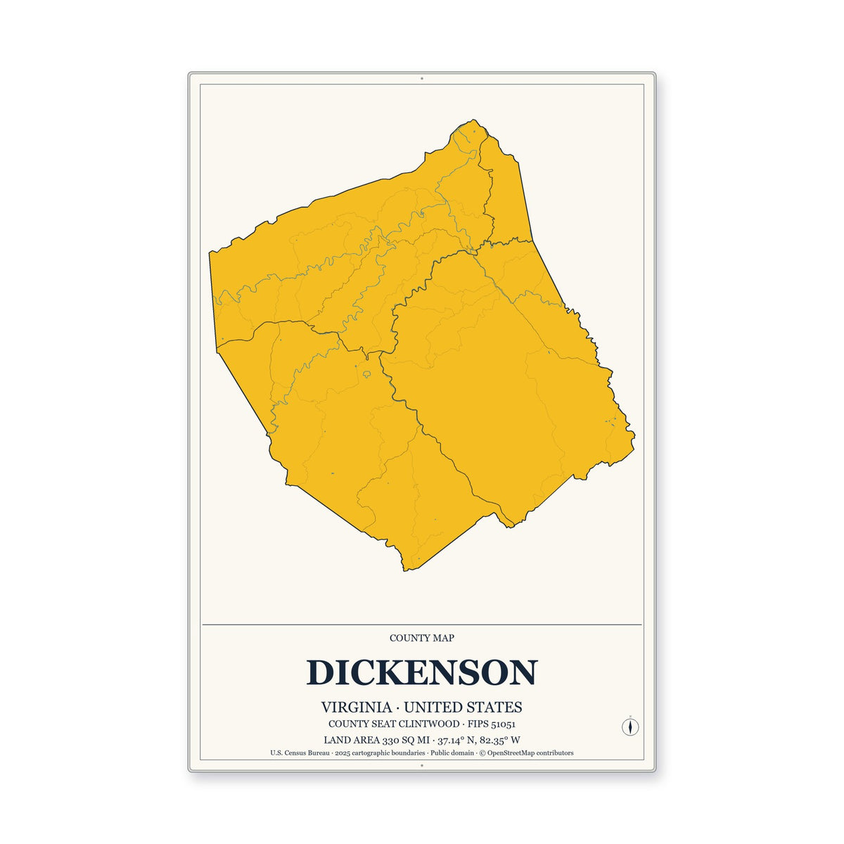 Dickenson County, Virginia Map Aluminum Sign in Citrine Modern style