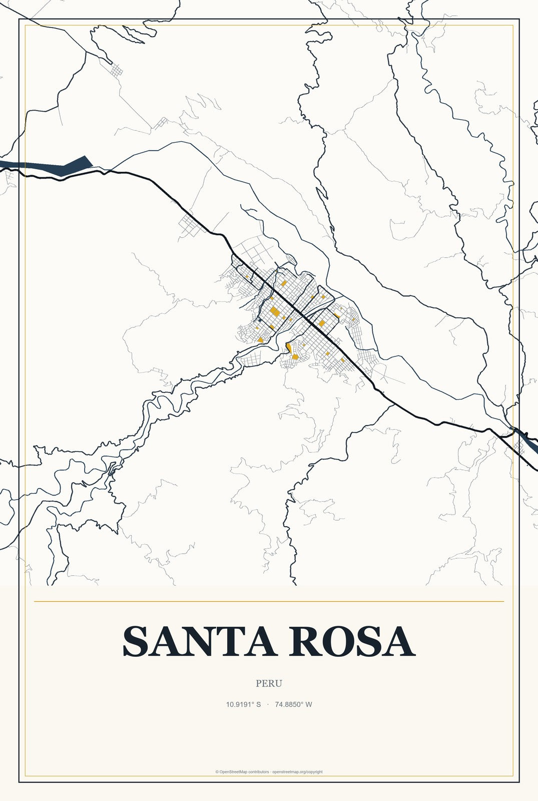 Santa Rosa, Junin, Peru City Map Aluminum Sign in Citrine Modern style