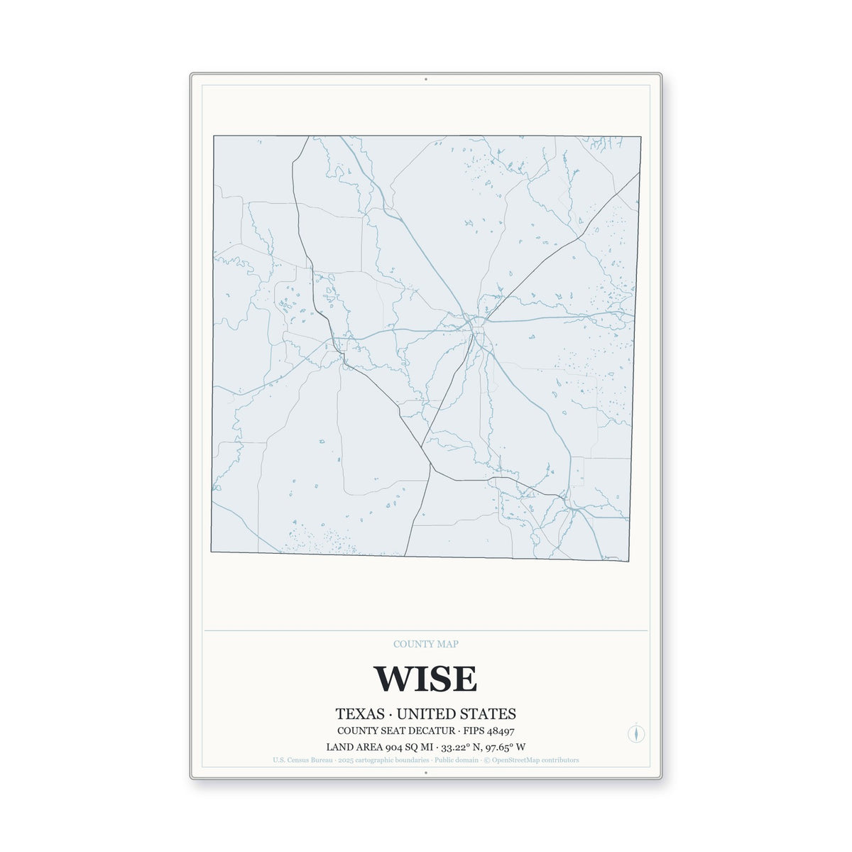 Wise County, Texas Map Aluminum Sign in Gallery Air style