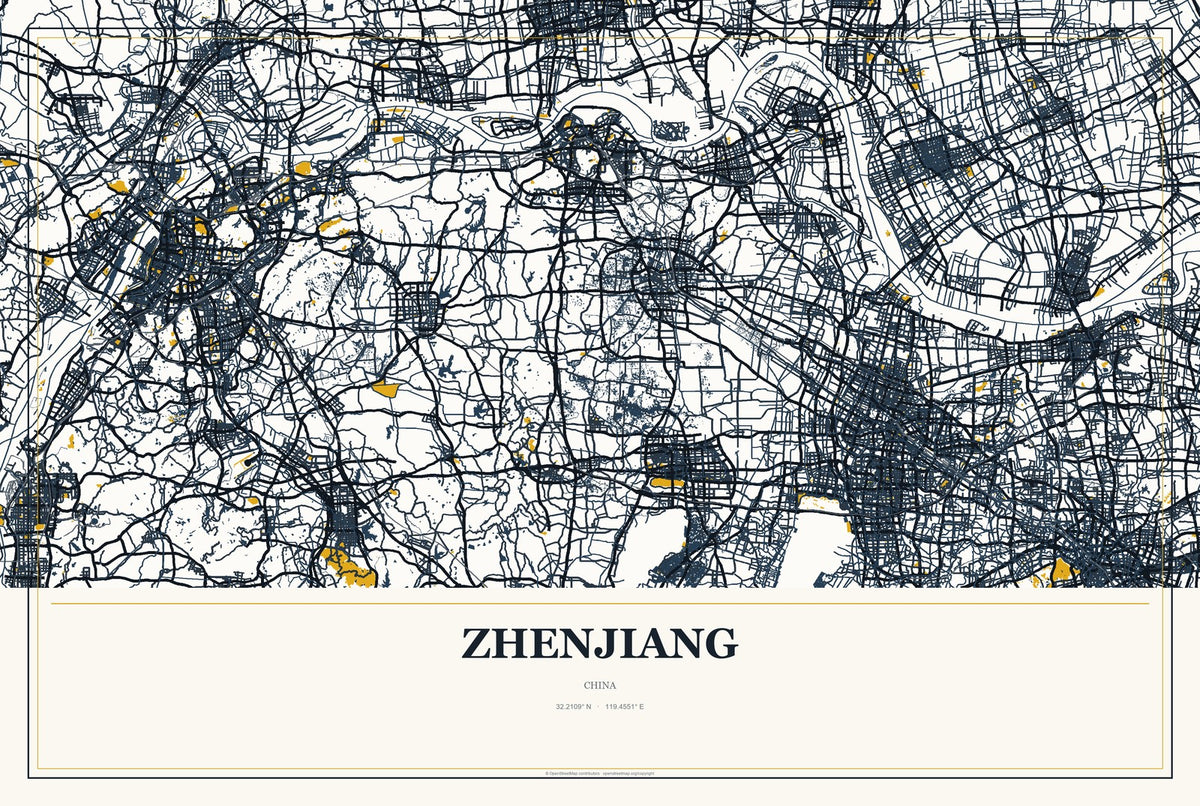 Zhenjiang, China City Map Aluminum Sign in Citrine Modern style