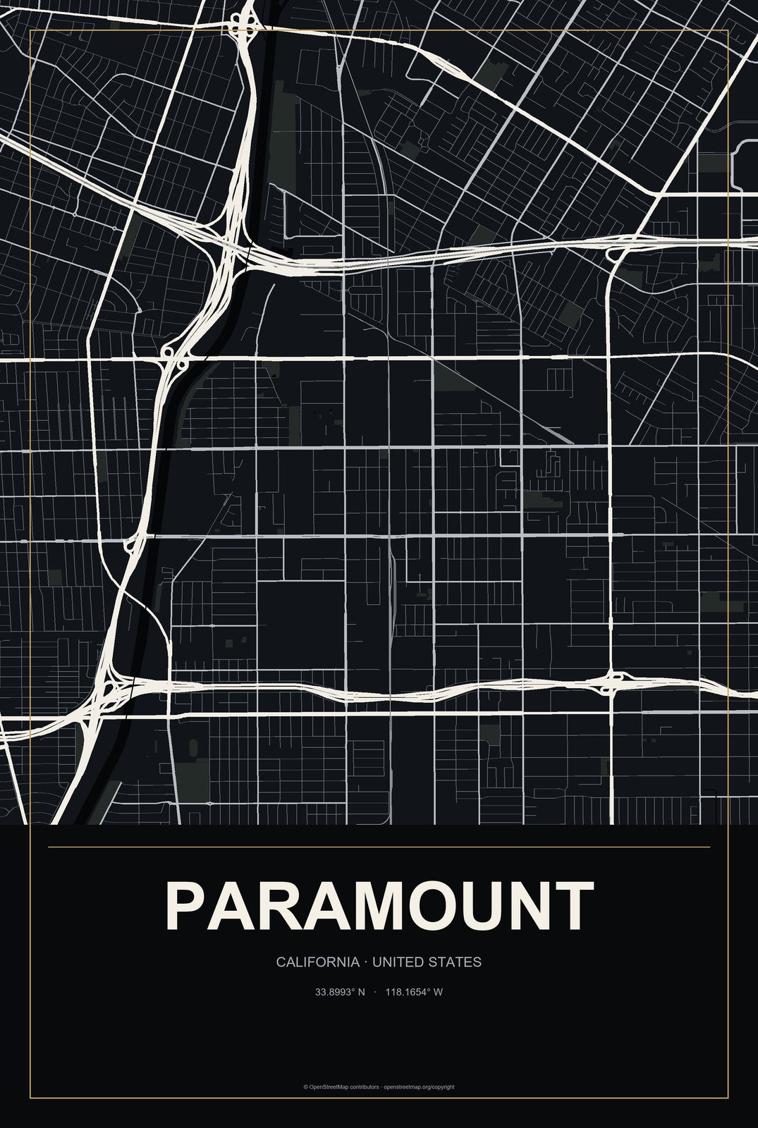 Paramount, California City Map Aluminum Sign in Metropolitan Noir style