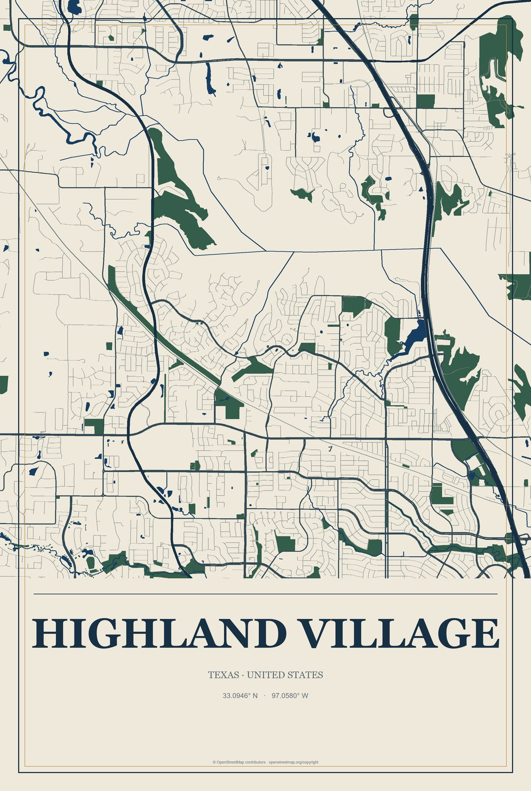 Highland Village, Texas City Map Aluminum Sign in Coastal Cutout style