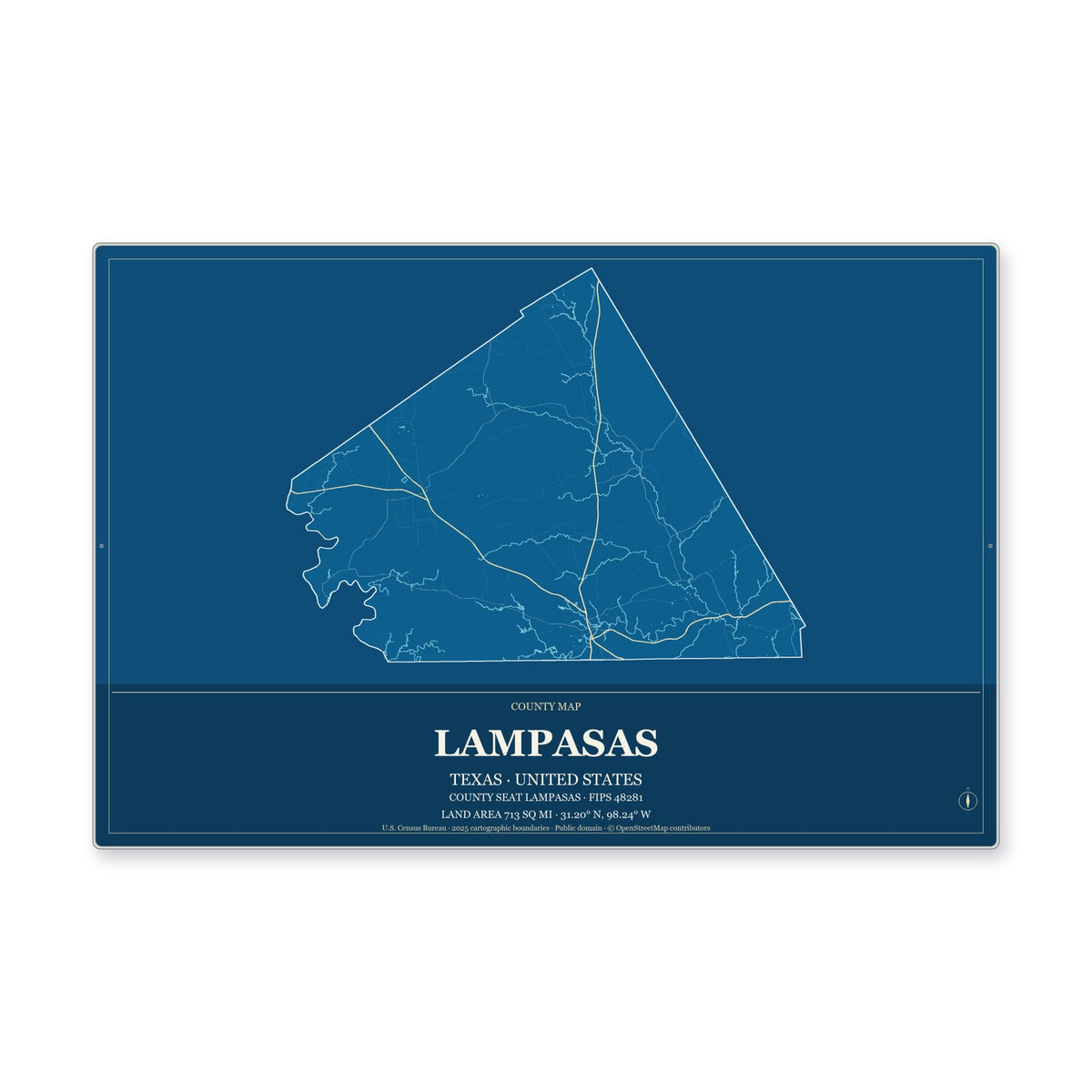 Lampasas County, Texas Map Aluminum Sign in Harbor Cobalt style