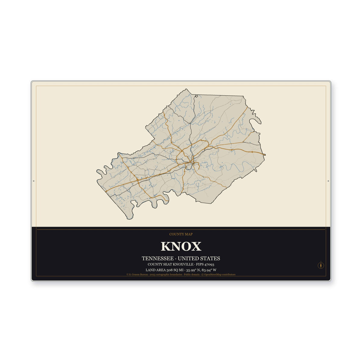Knox County, Tennessee Map Aluminum Sign in Museum Plaque style
