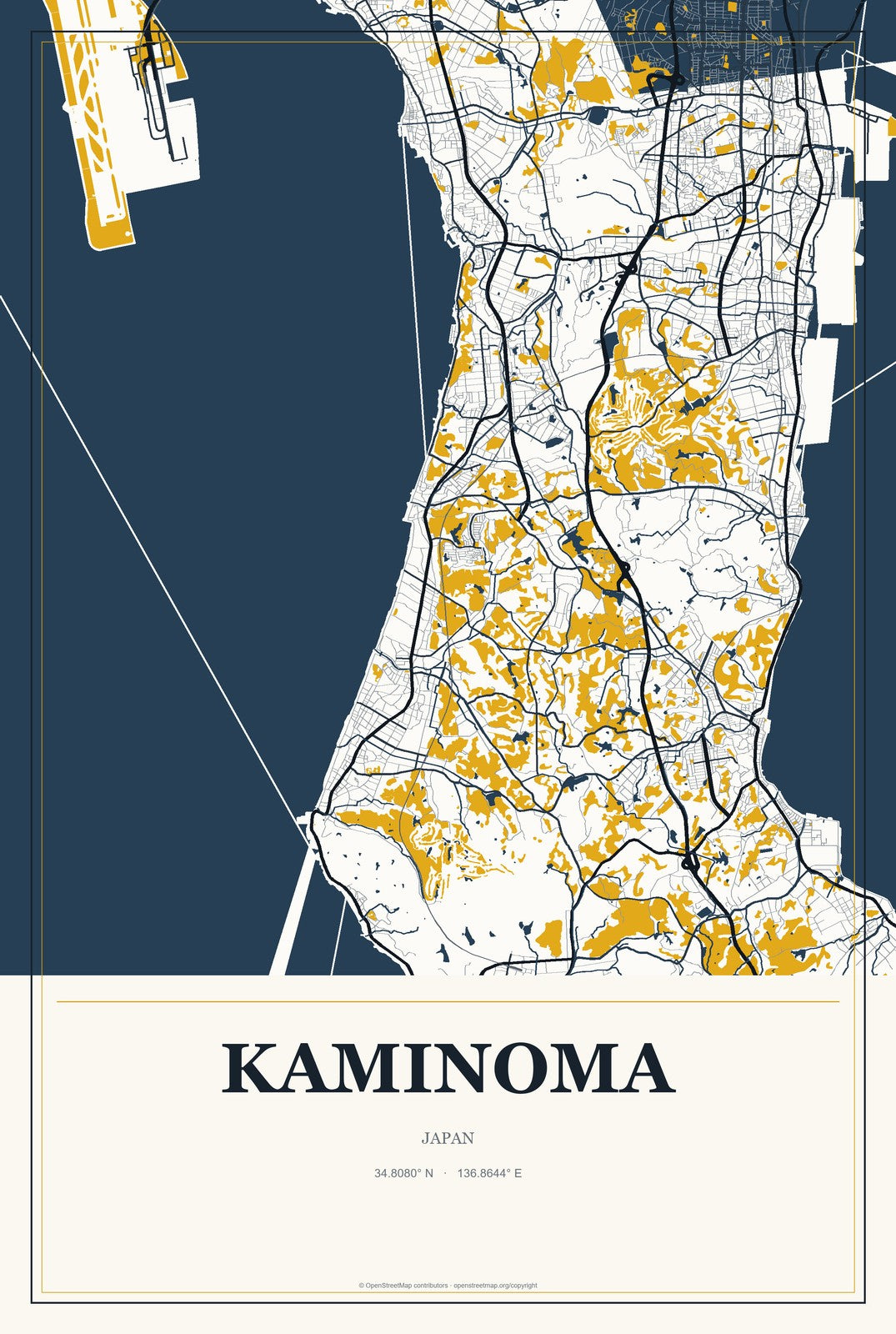 Kaminoma, Japan City Map Aluminum Sign in Citrine Modern style