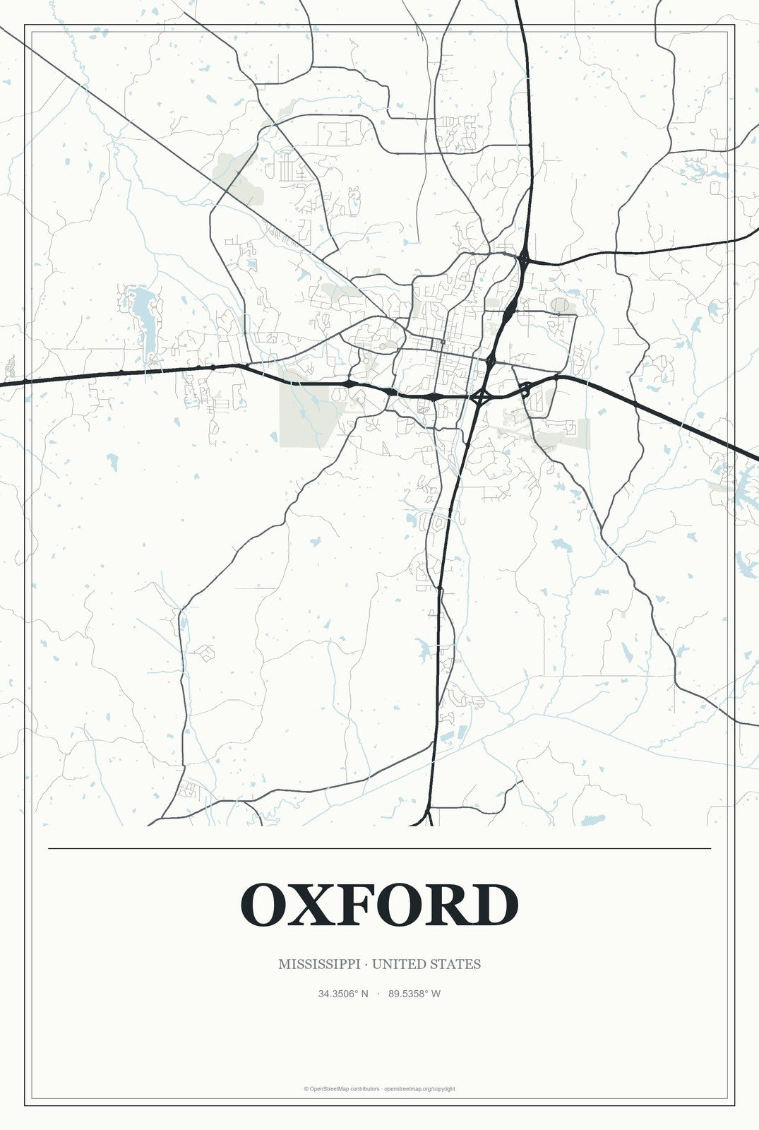 Oxford, Mississippi City Map Aluminum Sign in Gallery Air style