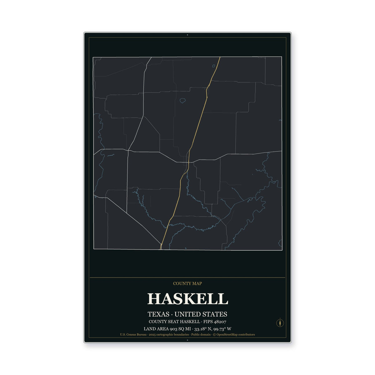 Haskell County, Texas Map Aluminum Sign in Metropolitan Noir style