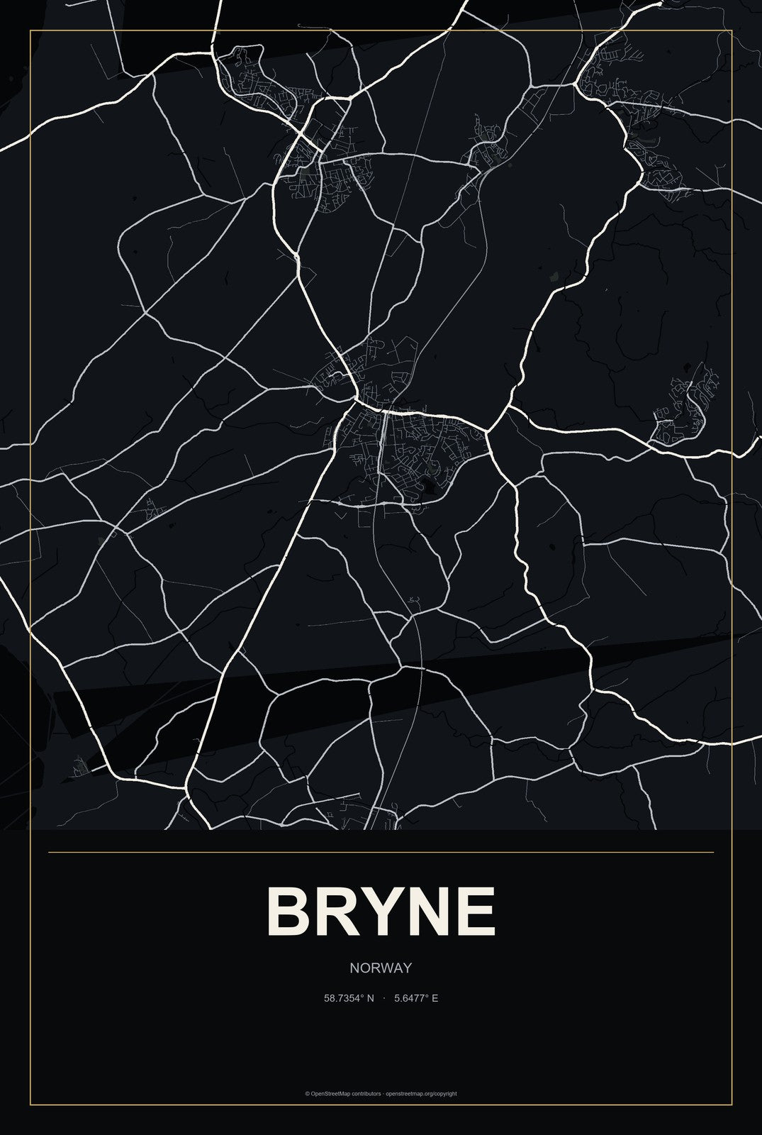 Bryne, Norway City Map Aluminum Sign in Metropolitan Noir style