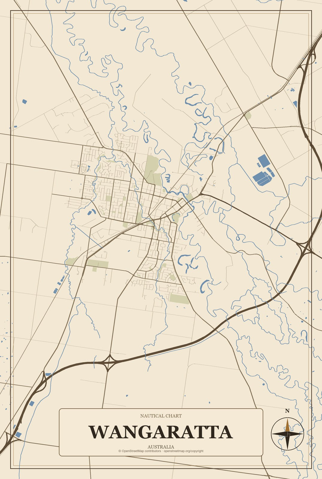 Wangaratta, Australia City Map Aluminum Sign in Heritage Nautical style