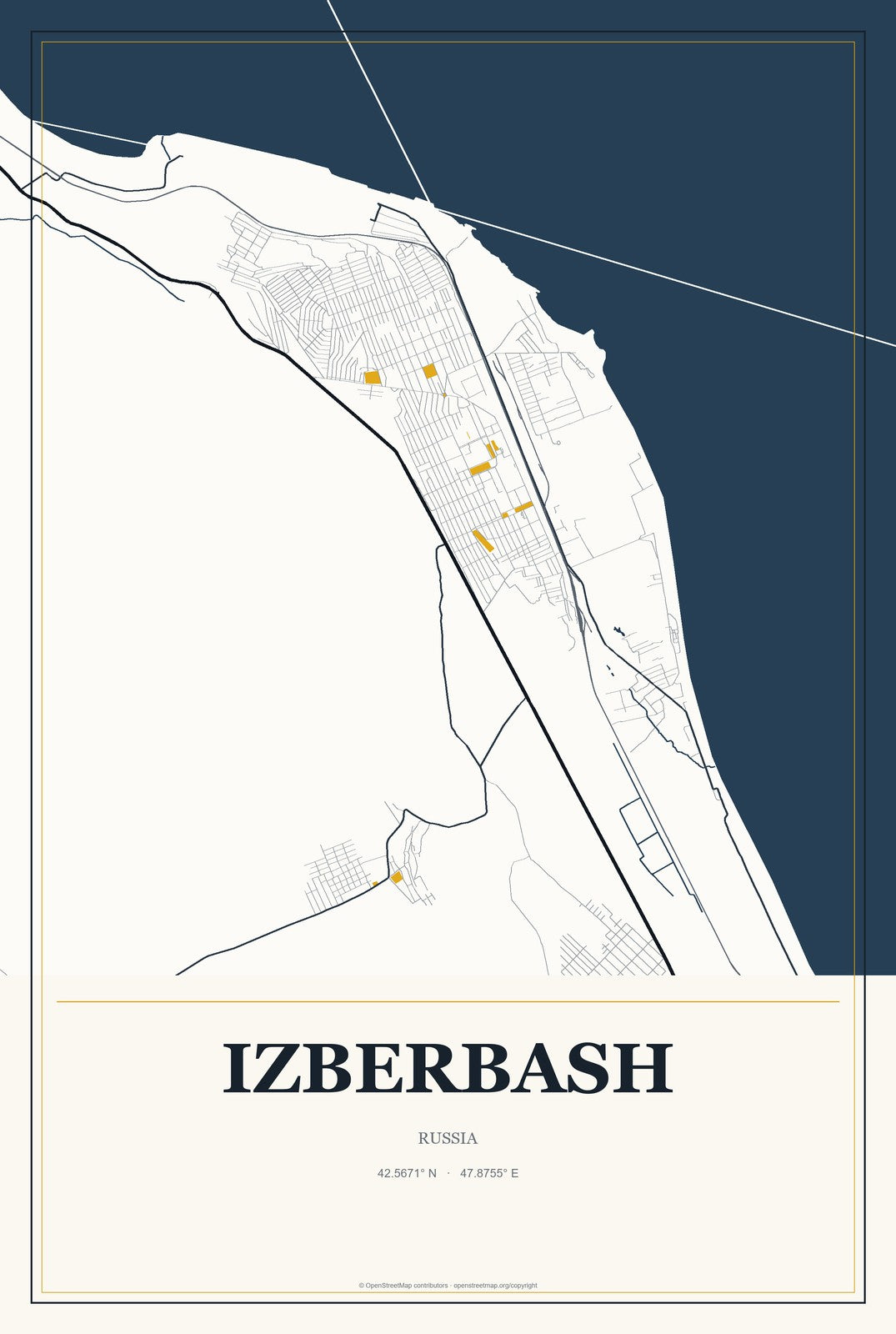 Izberbash, Russia City Map Aluminum Sign in Citrine Modern style