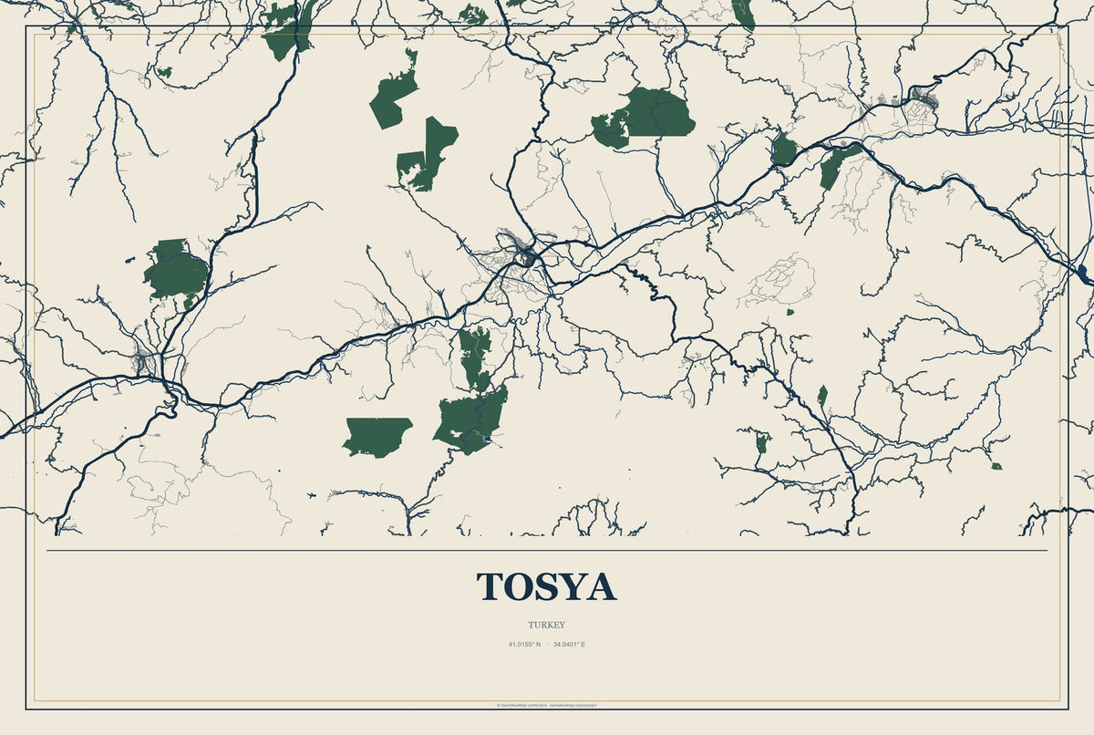Tosya, Turkey City Map Aluminum Sign in Coastal Cutout style