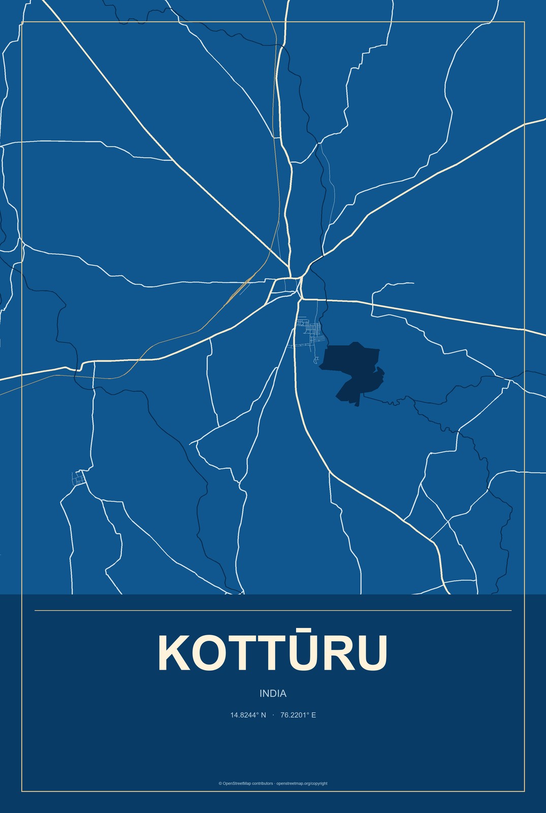 Kottūru, India City Map Aluminum Sign in Harbor Cobalt style