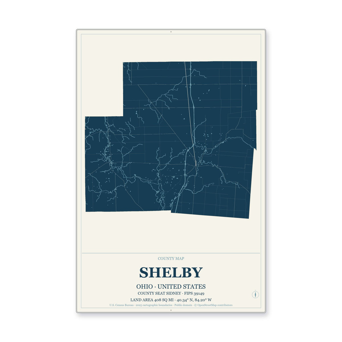 Shelby County, Ohio Map Aluminum Sign in Coastal Cutout style