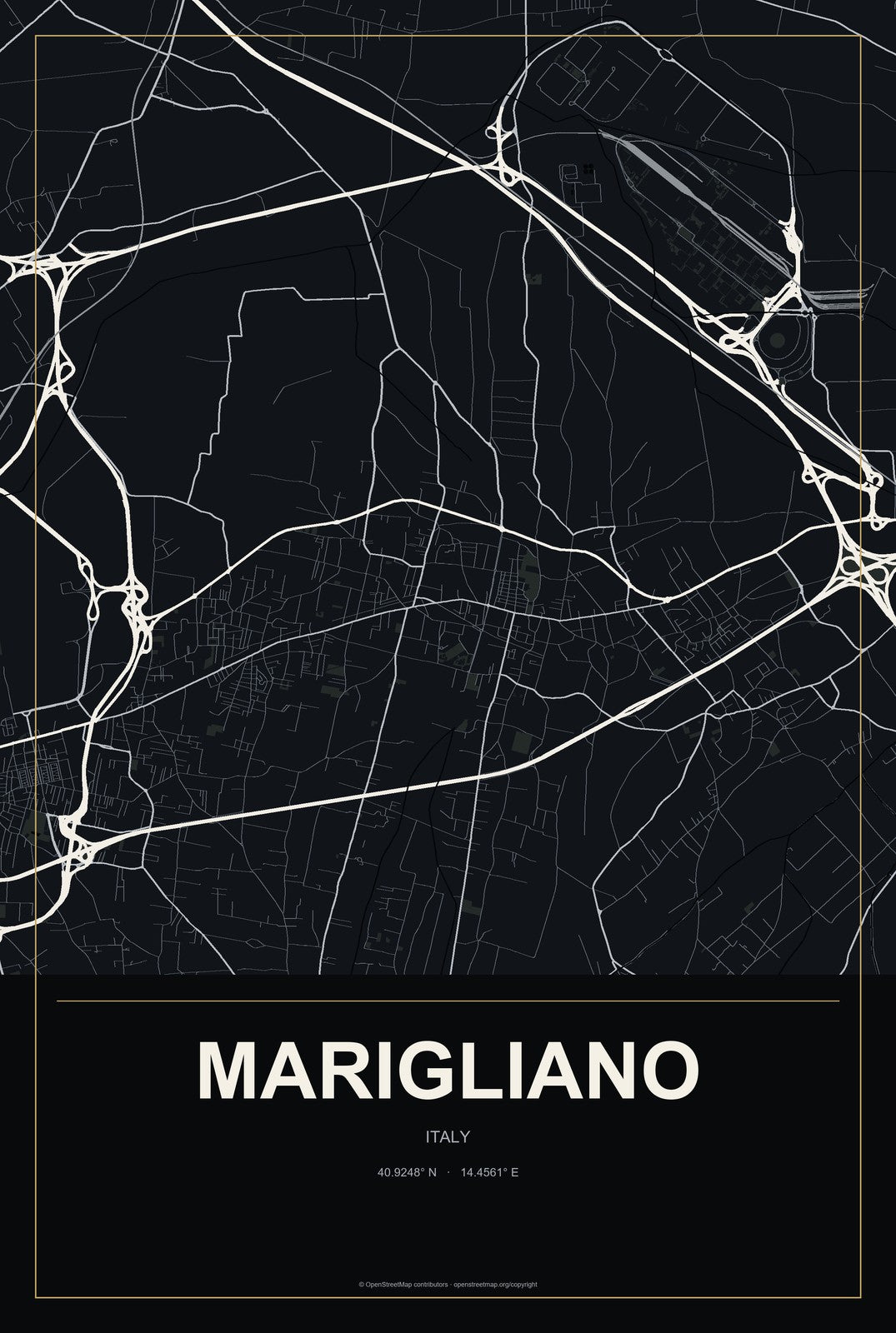 Marigliano, Italy City Map Aluminum Sign in Metropolitan Noir style