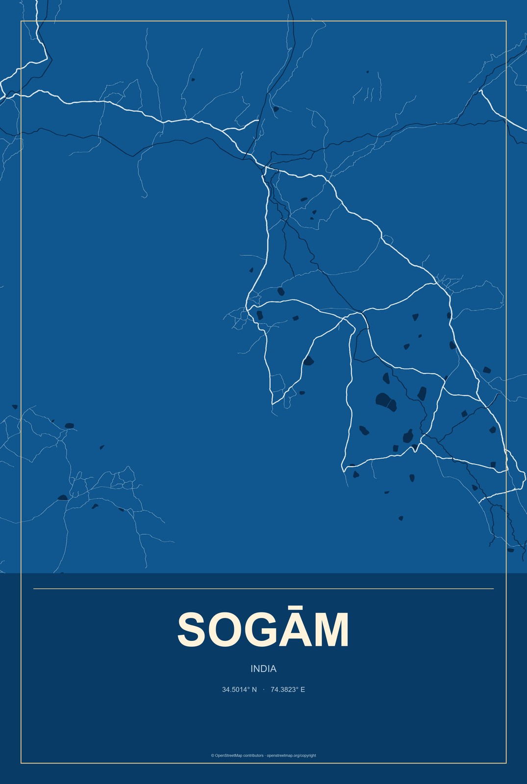 Sogām, India City Map Aluminum Sign in Harbor Cobalt style