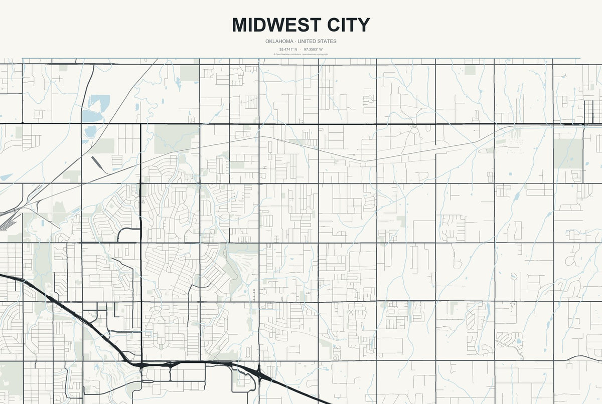 Midwest City, Oklahoma City Map Aluminum Sign in Headline Atlas style