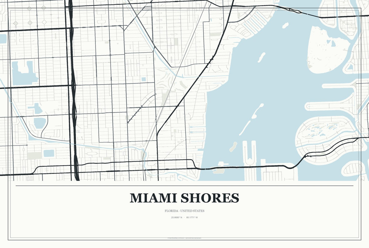 Miami Shores, Florida City Map Aluminum Sign in Gallery Air style