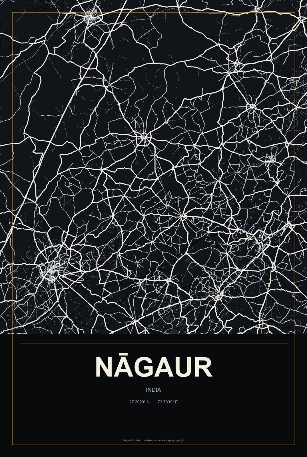 Nāgaur, India City Map Aluminum Sign in Metropolitan Noir style