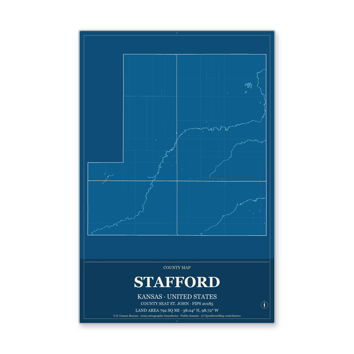 Stafford County, Kansas Map Aluminum Sign in Harbor Cobalt style
