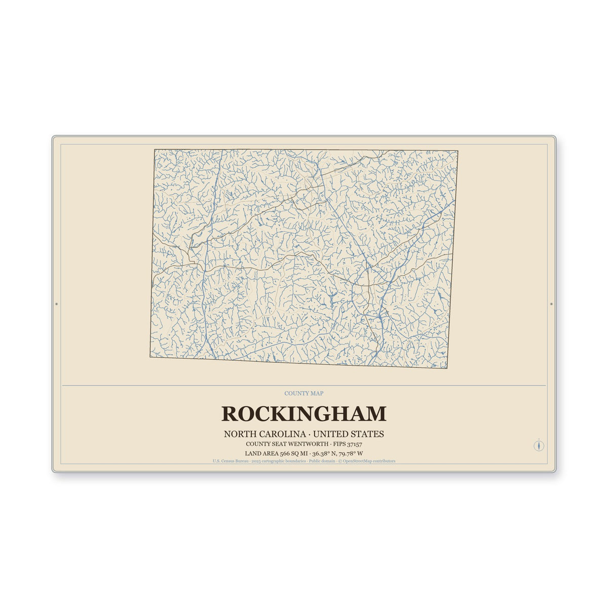 Rockingham County, North Carolina Map Aluminum Sign in Heritage Nautical style