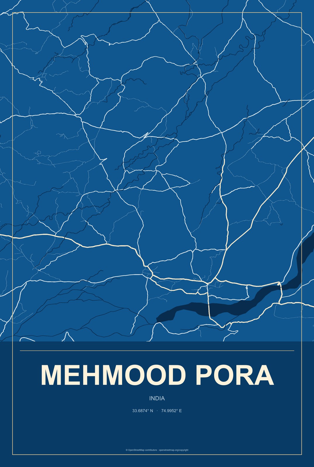 Mehmood Pora, India City Map Aluminum Sign in Harbor Cobalt style