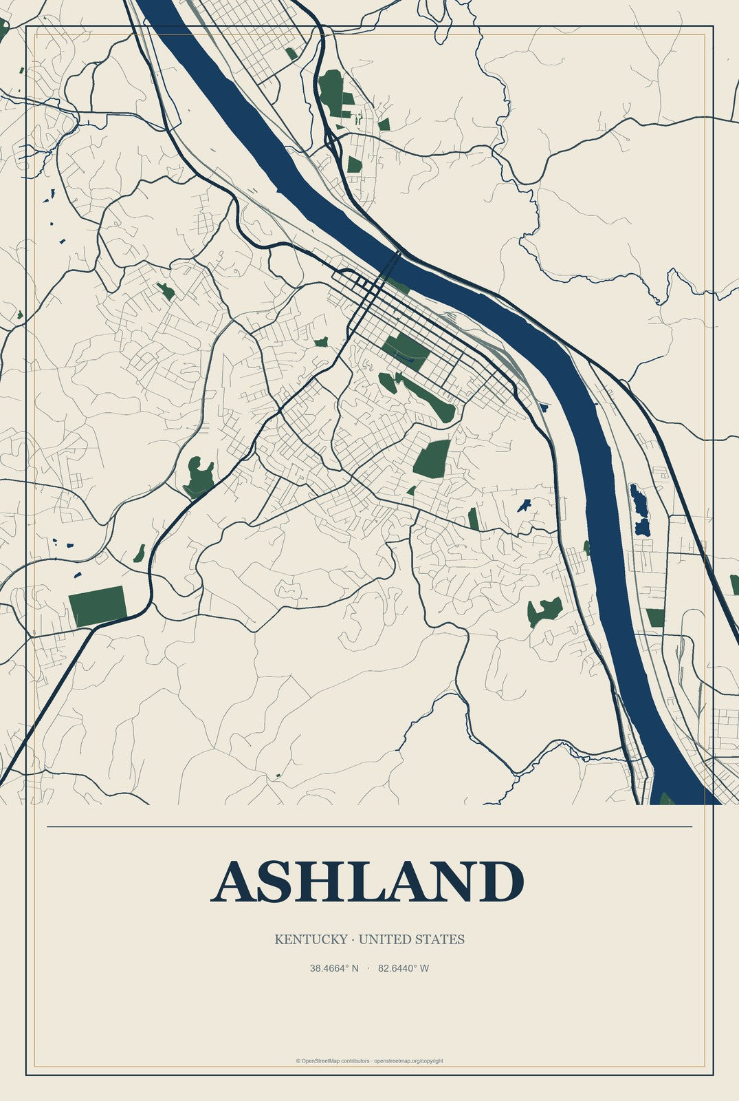 Ashland, Kentucky City Map Aluminum Sign in Coastal Cutout style
