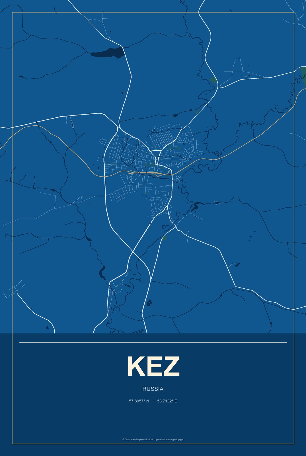 Kez, Russia City Map Aluminum Sign in Harbor Cobalt style