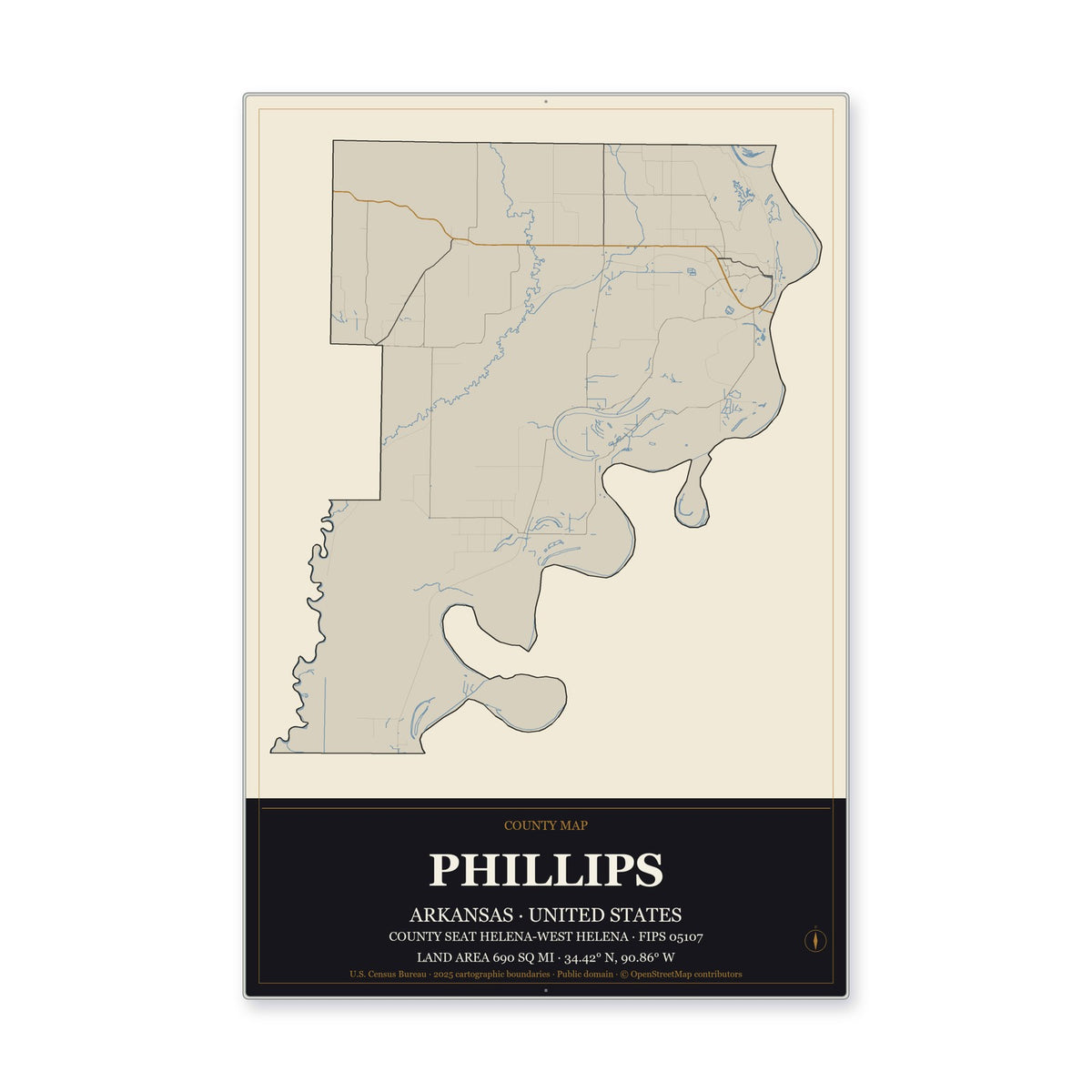 Phillips County, Arkansas Map Aluminum Sign in Museum Plaque style