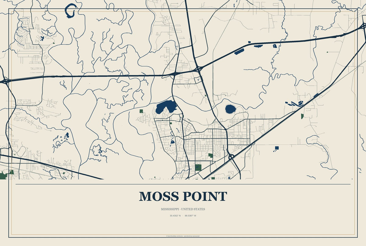 Moss Point, Mississippi City Map Aluminum Sign in Coastal Cutout style