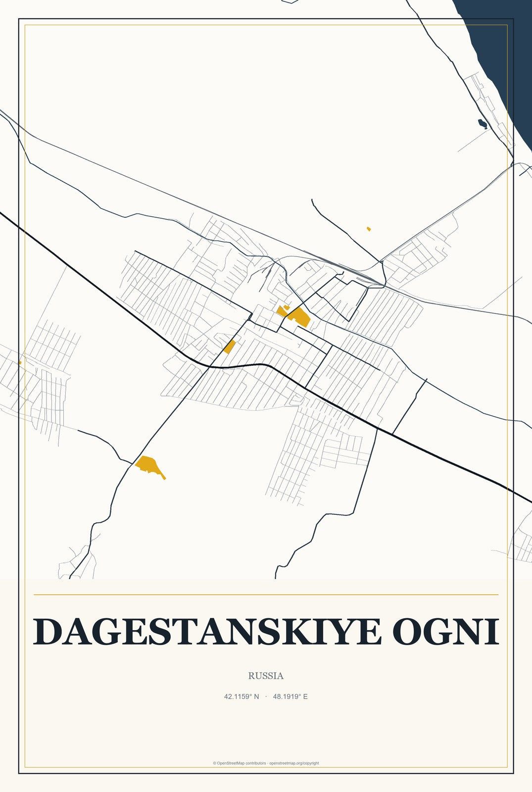 Dagestanskiye Ogni, Russia City Map Aluminum Sign in Citrine Modern style