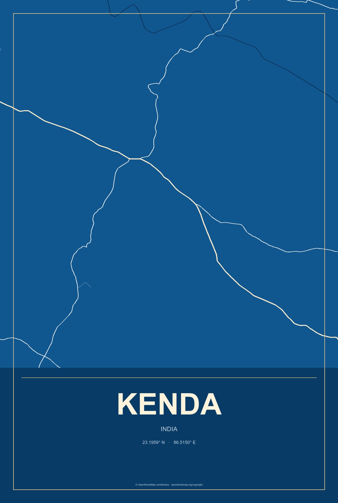 Kenda, India City Map Aluminum Sign in Harbor Cobalt style