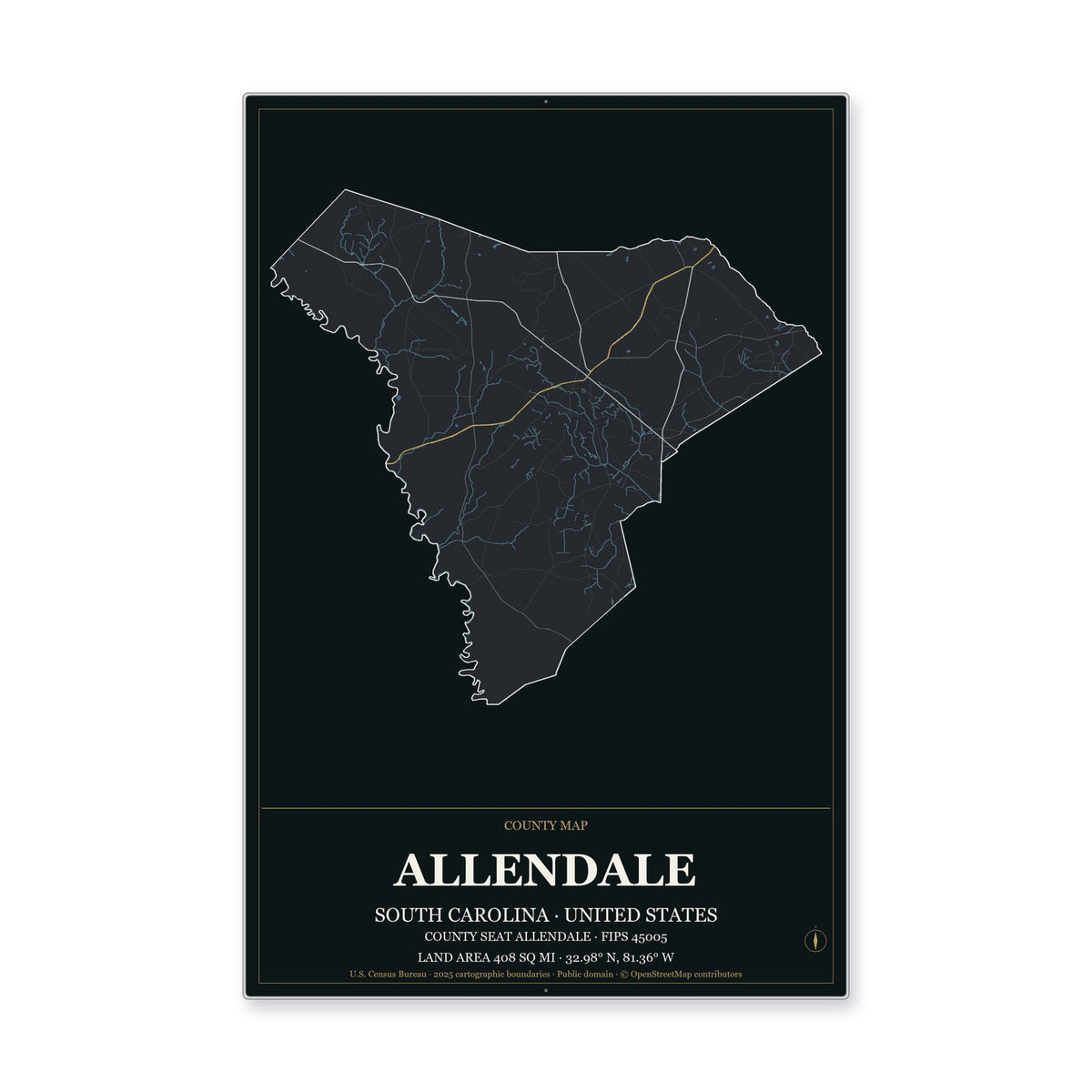 Allendale County, South Carolina Map Aluminum Sign in Metropolitan Noir style