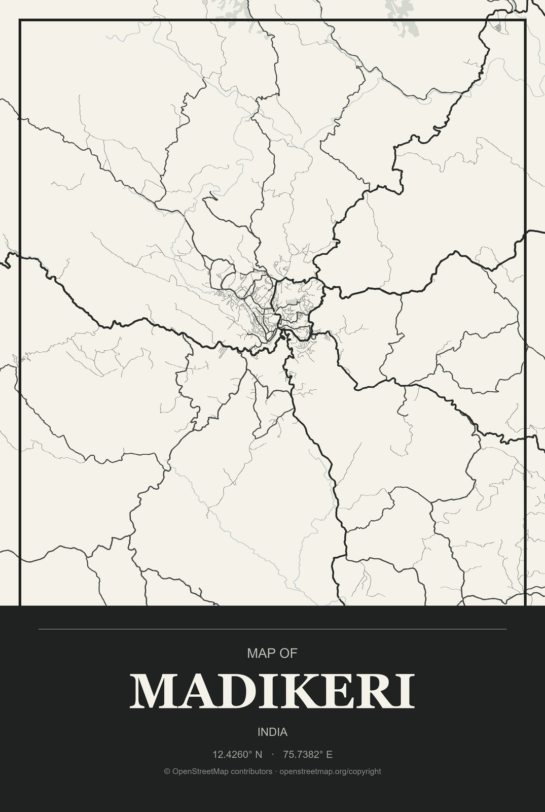 Madikeri, India City Map Aluminum Sign in Museum Plaque style