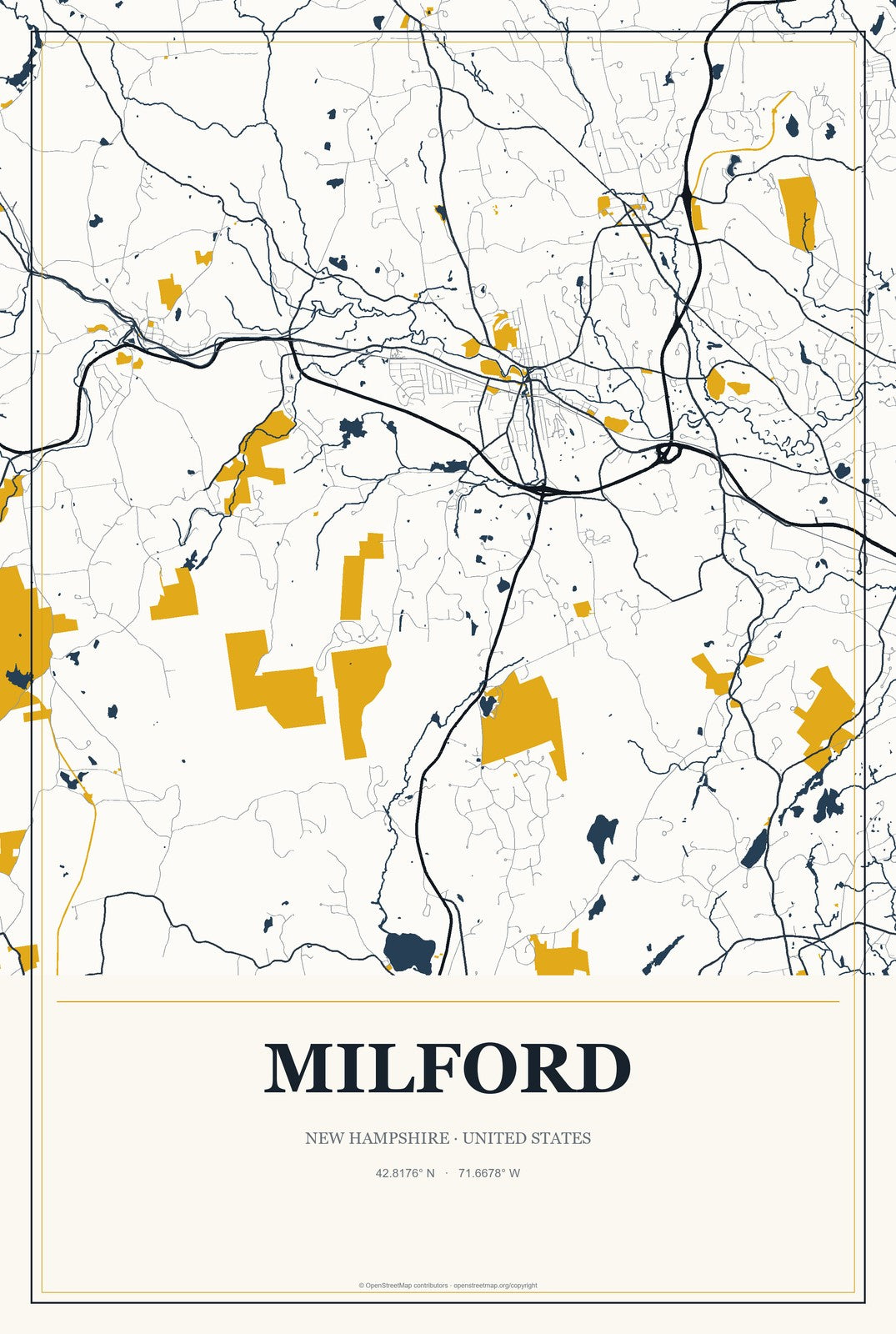 Milford, New Hampshire City Map Aluminum Sign in Citrine Modern style