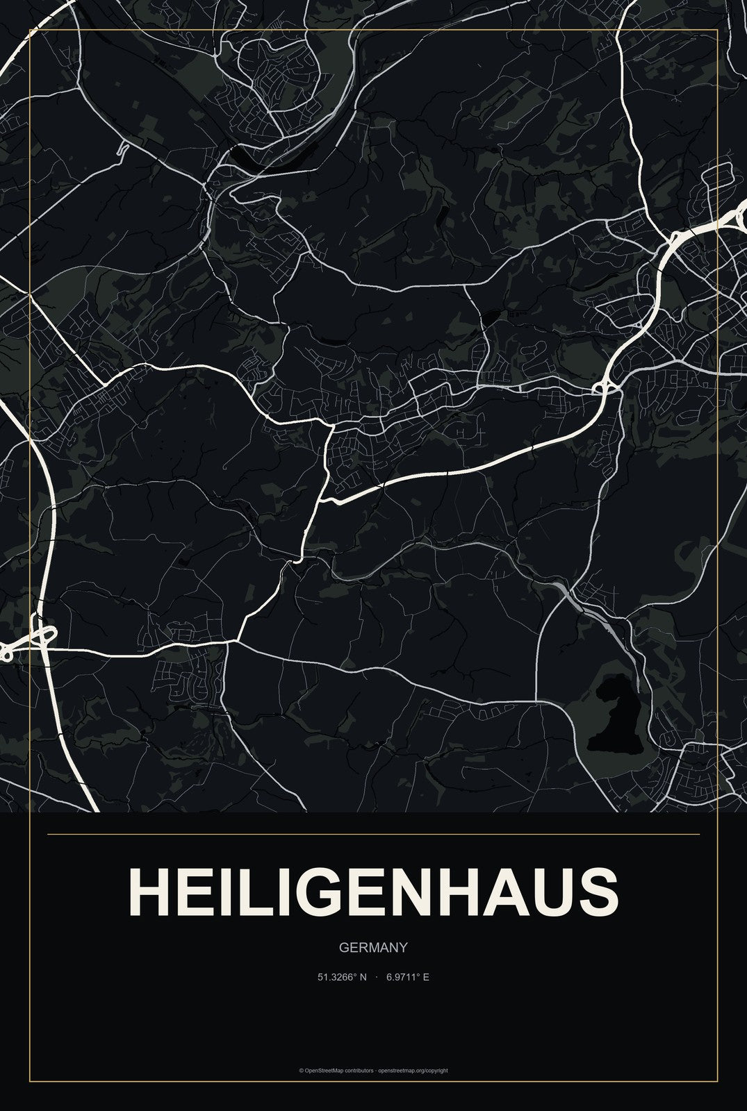 Heiligenhaus, Germany City Map Aluminum Sign in Metropolitan Noir style