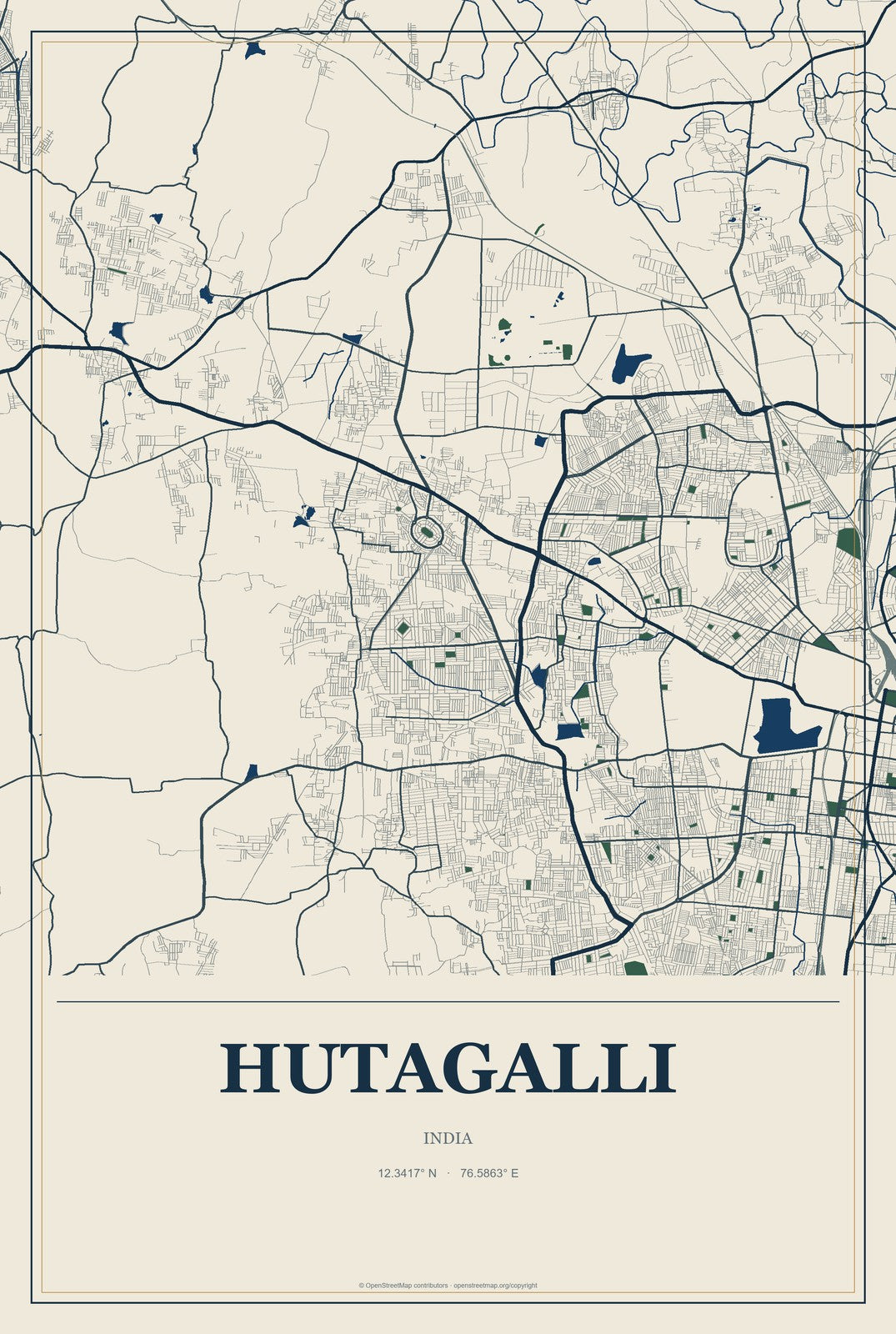 Hutagalli, India City Map Aluminum Sign in Coastal Cutout style