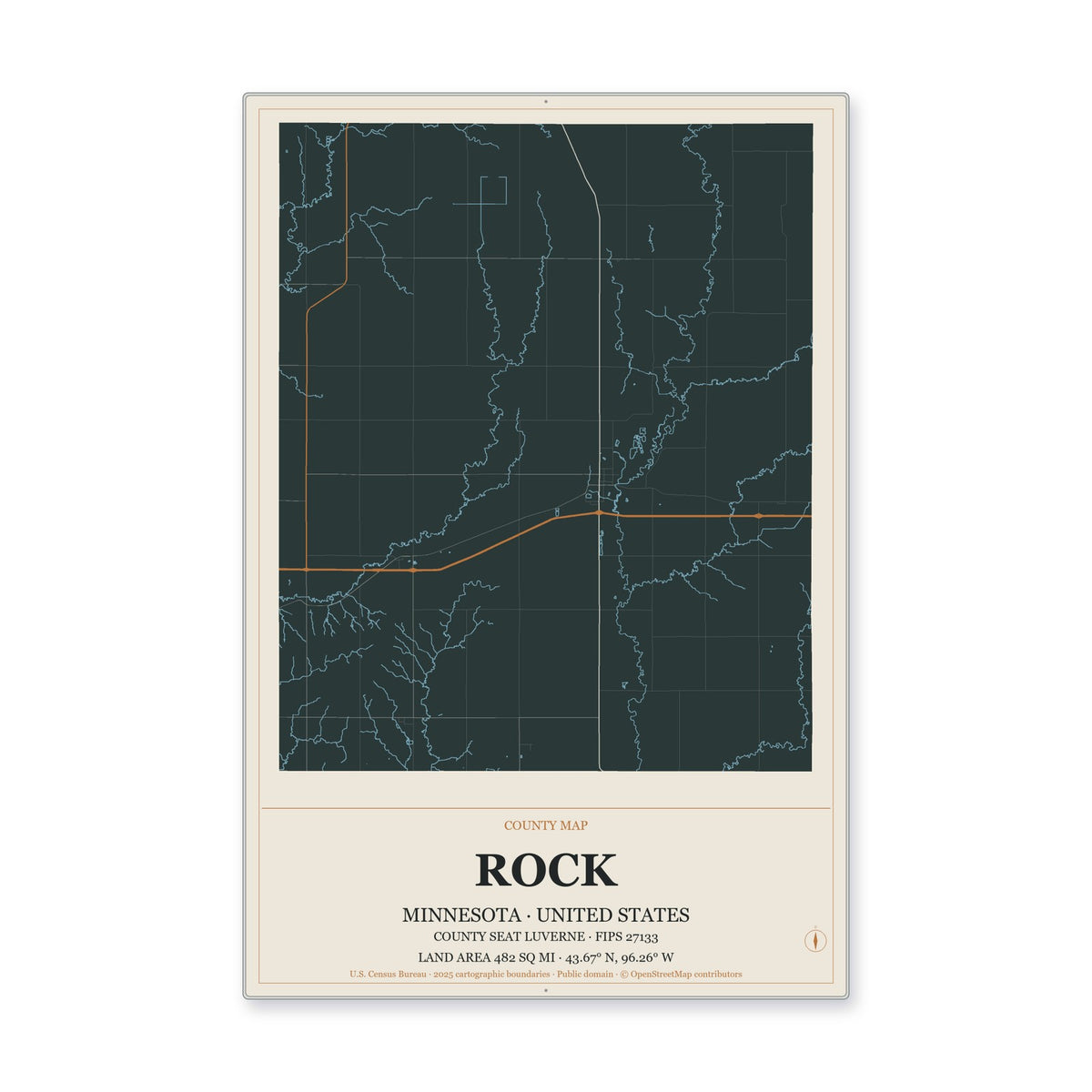 Rock County, Minnesota Map Aluminum Sign in Headline Atlas style