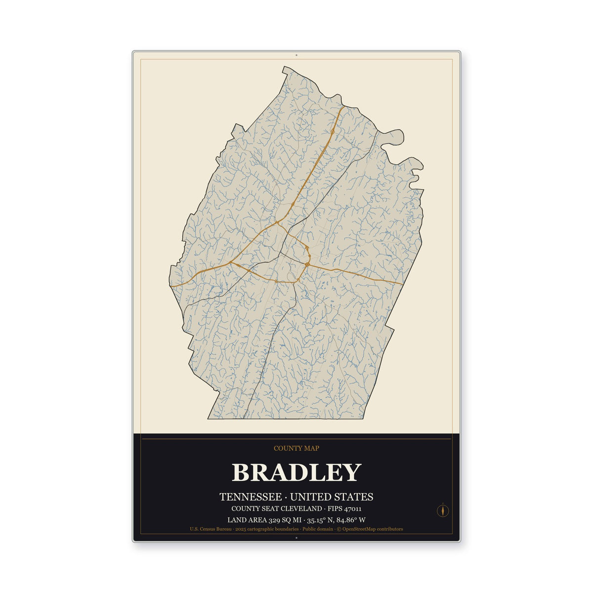 Bradley County, Tennessee Map Aluminum Sign in Museum Plaque style