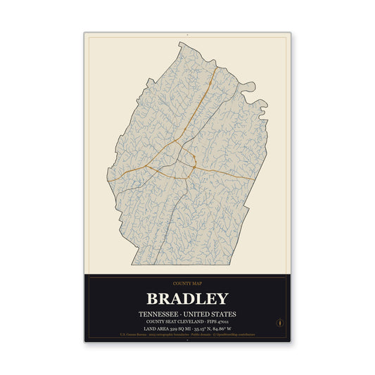 Bradley County, Tennessee Map Aluminum Sign in Museum Plaque style