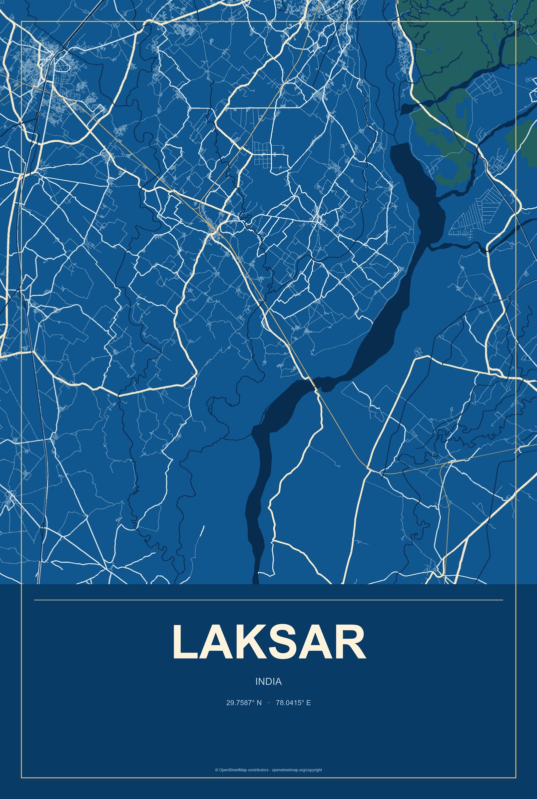 Laksar, India City Map Aluminum Sign in Harbor Cobalt style