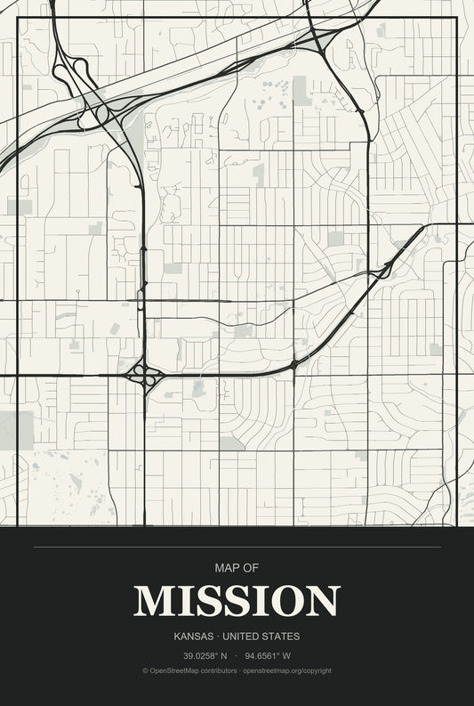 Mission, Kansas City Map Aluminum Sign in Museum Plaque style