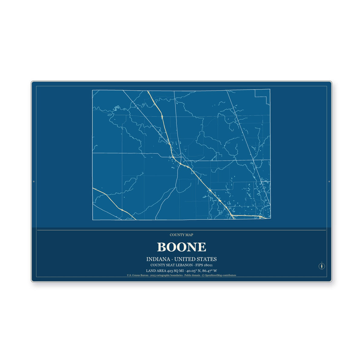 Boone County, Indiana Map Aluminum Sign in Harbor Cobalt style